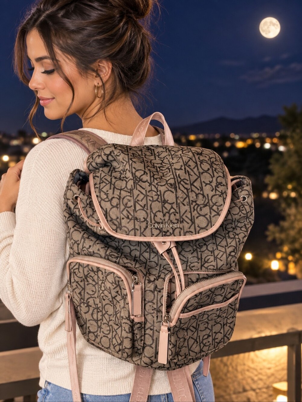 Calvin Klein Brown Monogram Backpack with Pink Trim